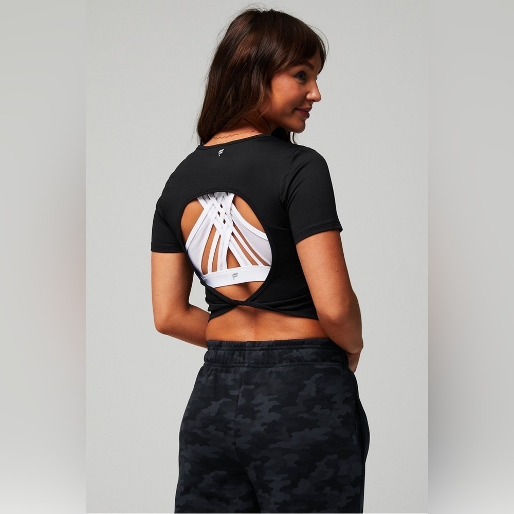 Fabletics Dry-Flex Open Back Twist Short Sleeve Tee Black Women Size XL Gym Yoga - Picture 1 of 10